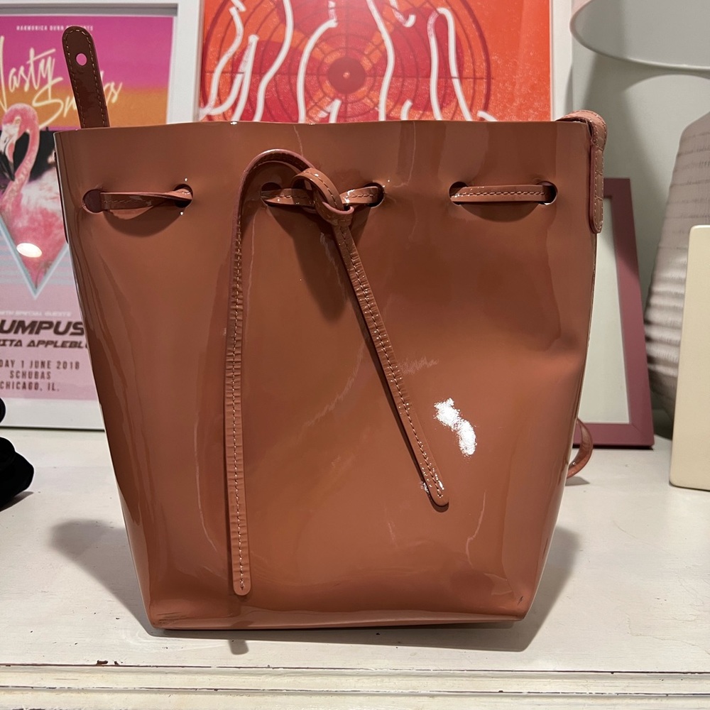 Mansur Gavriel patent pink bucket bag